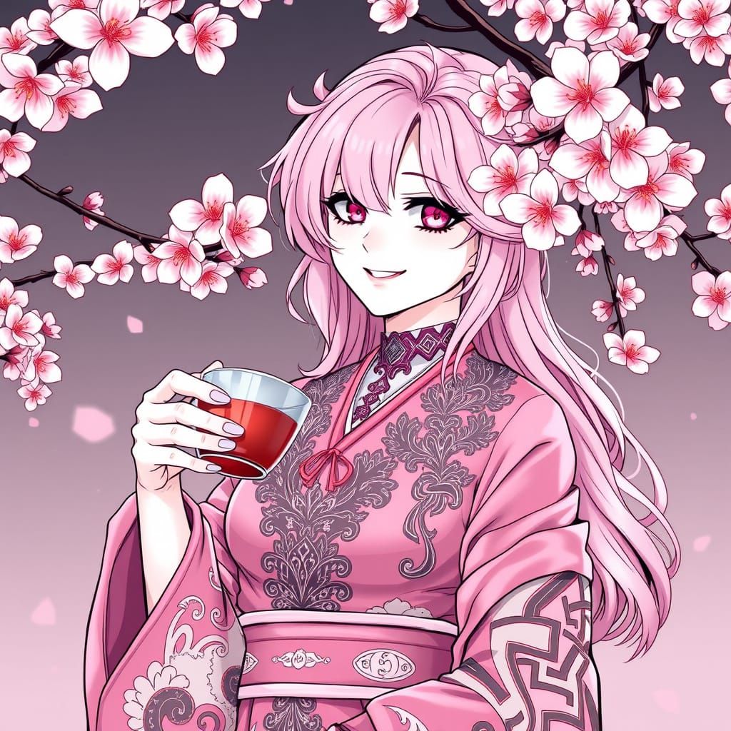 Gothic Goddess Serves Tea Under Cherry Blossoms in Dynamic M...