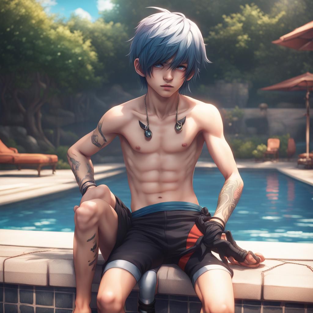Emo Boy in Speedo by Pool, Anime Style