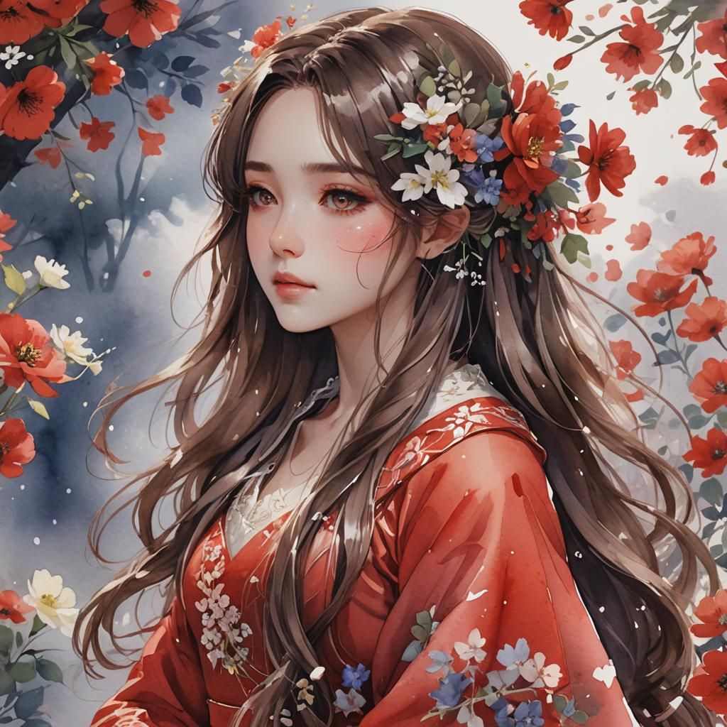 Anime Style Bride in Red Wedding Dress