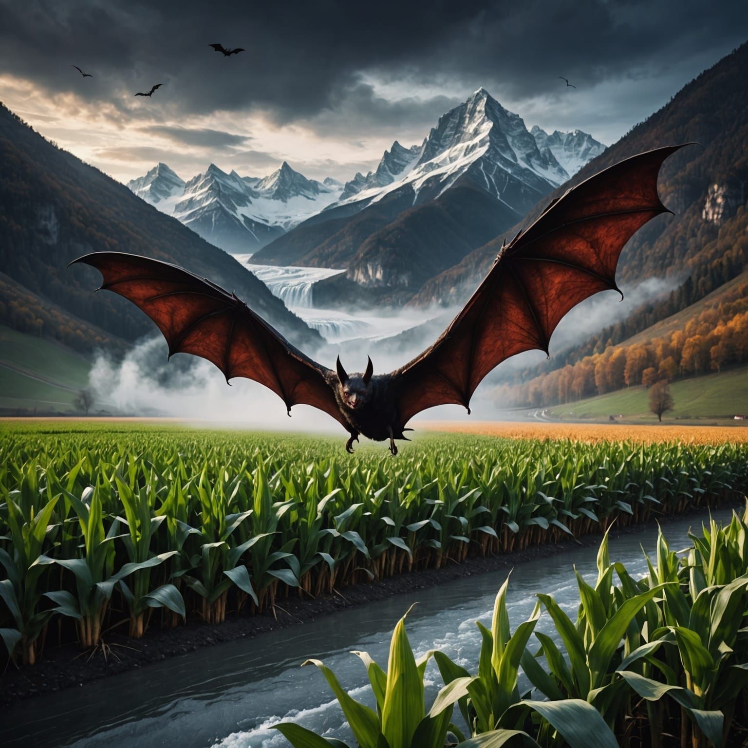 Nightmarish Bat Over Frozen River Landscape