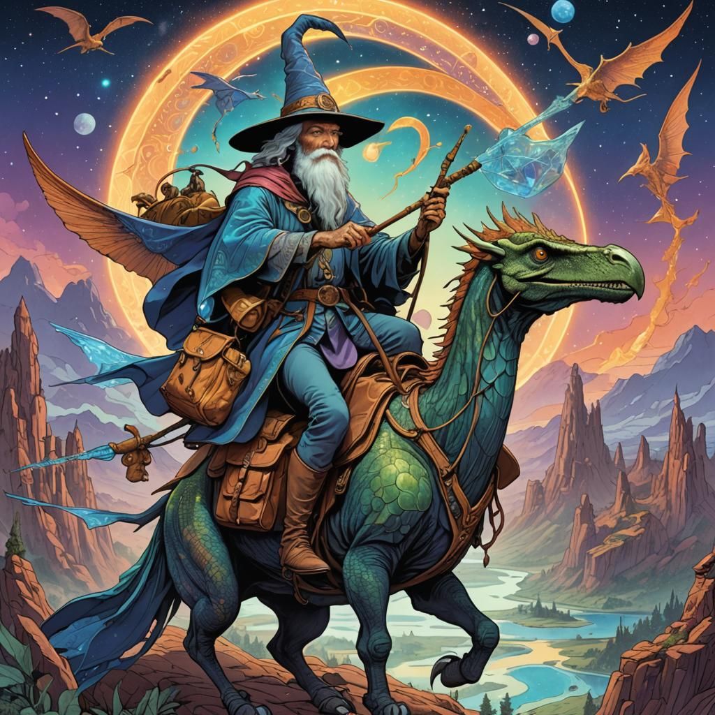 Wizard Rides Pterodactyl in Moebius Style