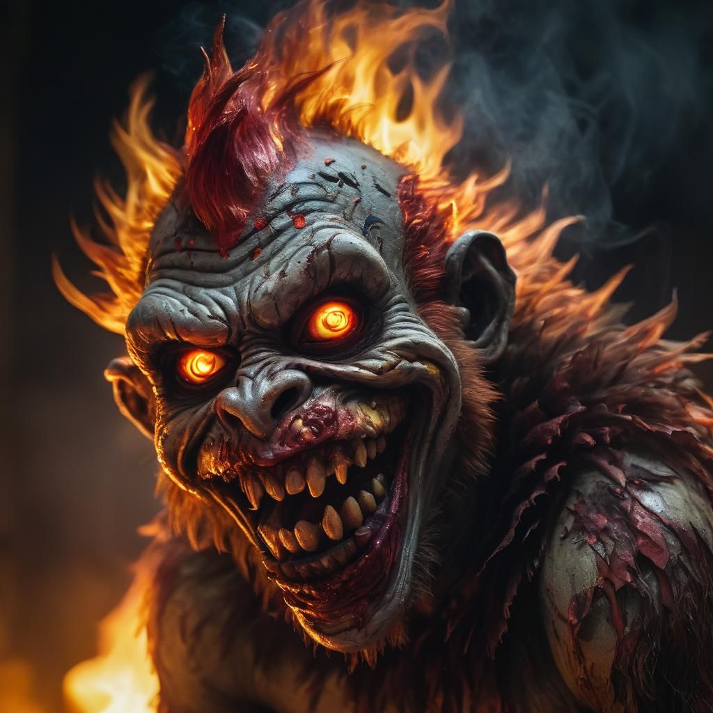 Fiery Zombie Monkey Clown in Dark Fantasy Style