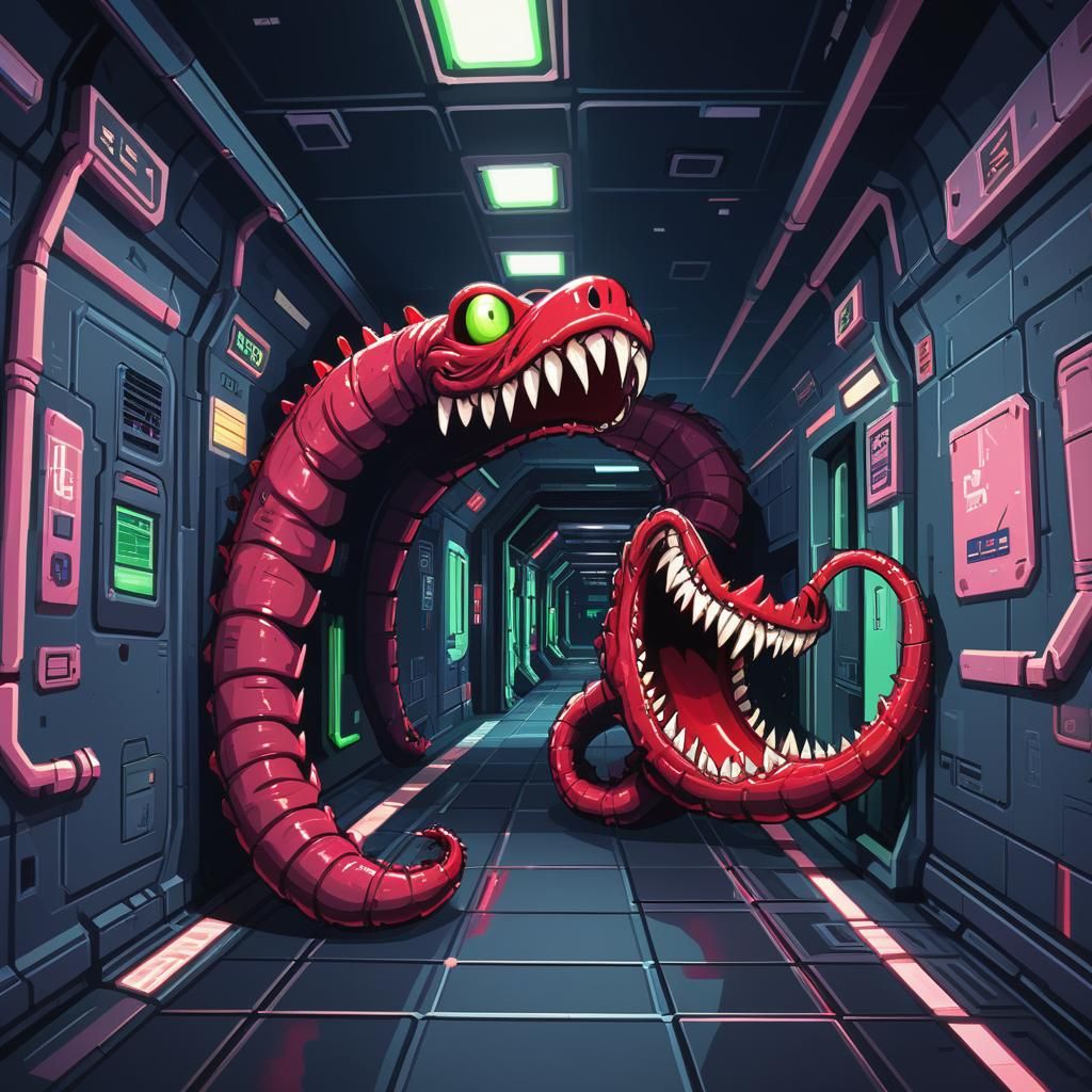 Menacing Red Worm in Pixel Art Space Station