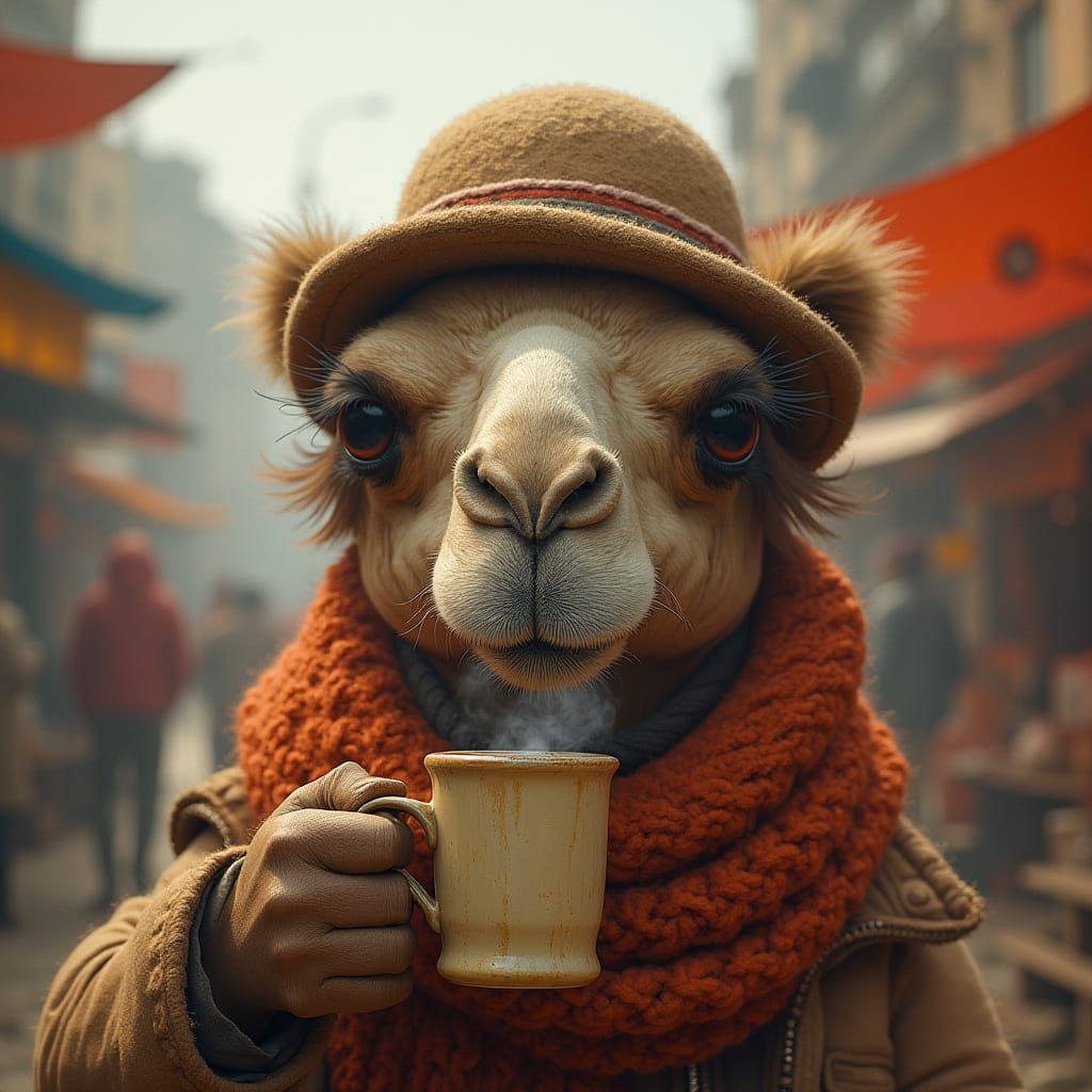 Camel Drinks Coffee in Stalenhag-esque Marketplace