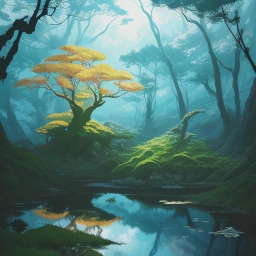 Water Droplet Reflects Forest in Anime Style