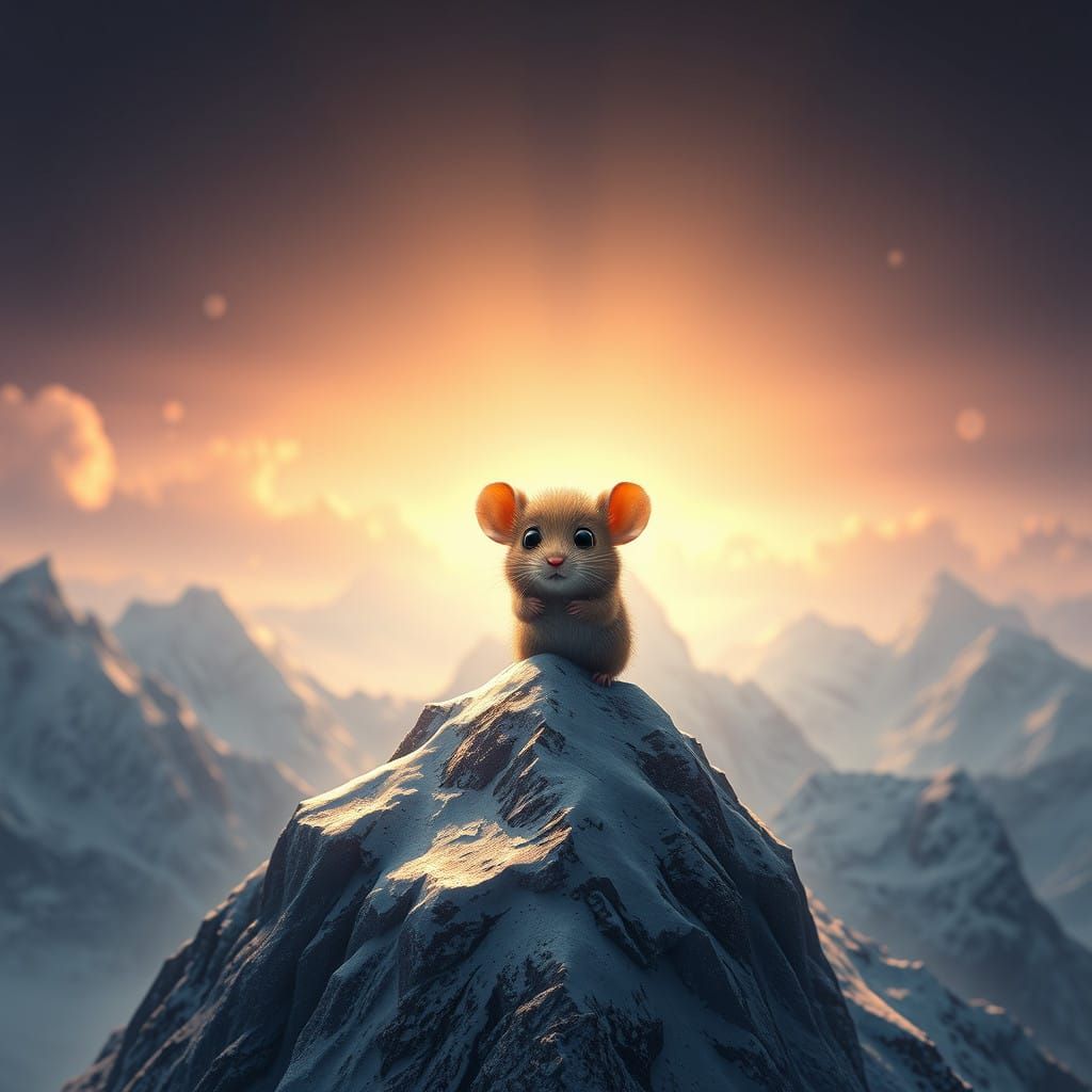 Heroic Mouse on Majestic Snow-Capped Mountain
