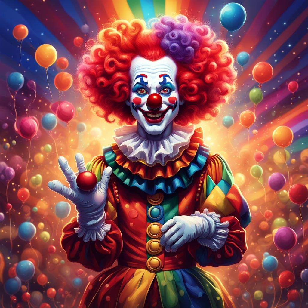Vibrant Fantasy Clown with Whimsical Accents and Rainbow Hai...