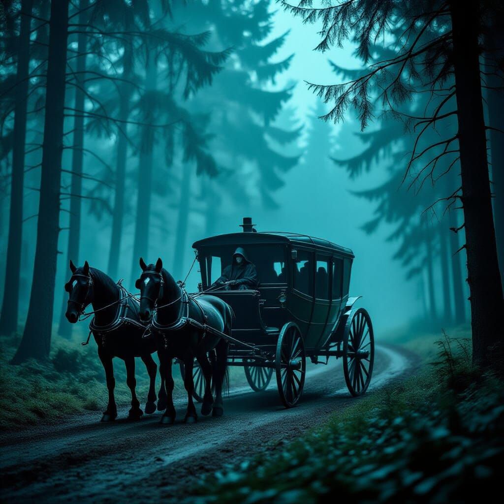 Vintage Horse Carriage in Surreal Forest Negative