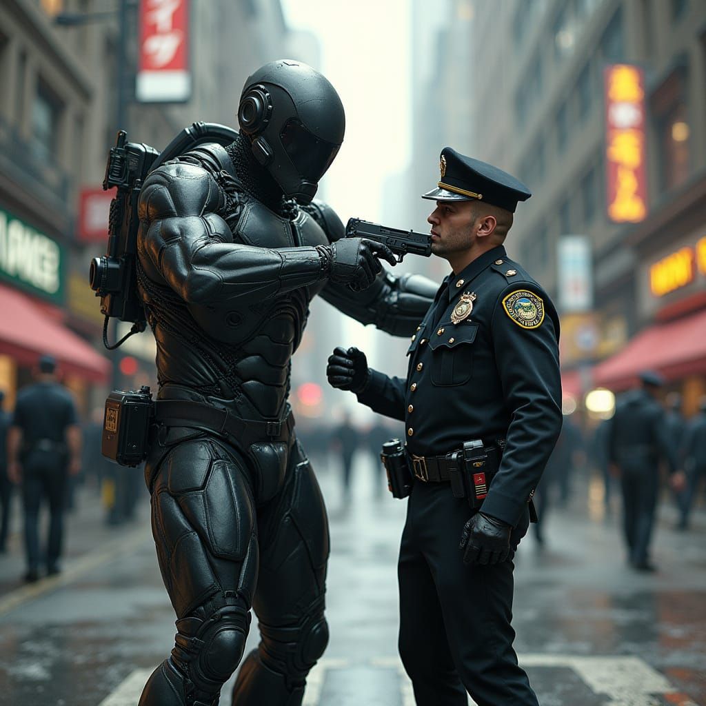 Cyborg Supervillain Confrontation in Cyberpunk Noir Style