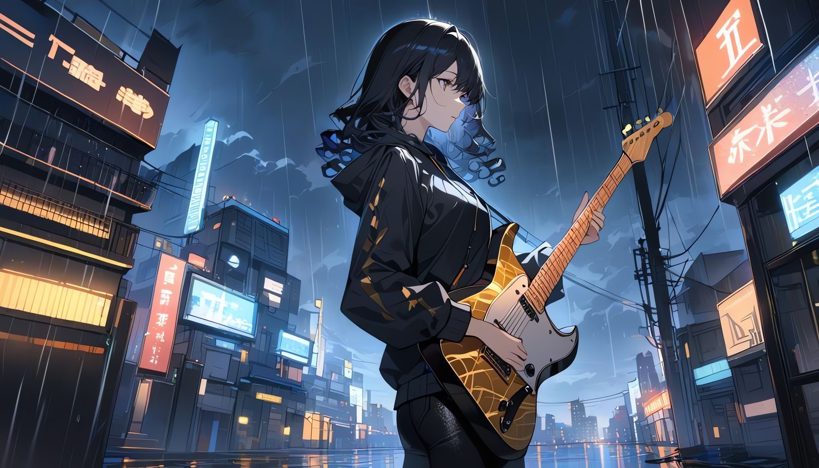 Girl with Guitar in Rainy Cityscape
