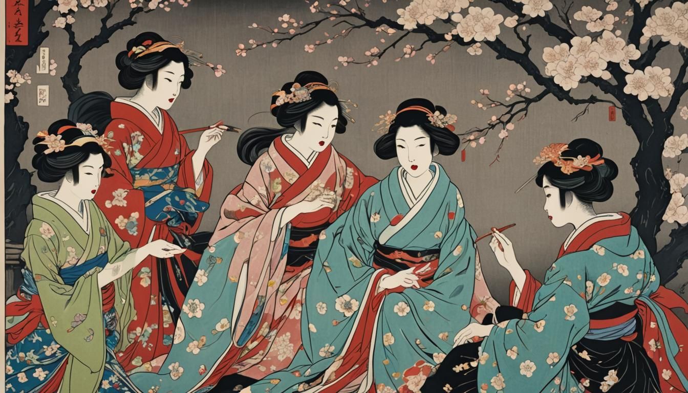 Kermit the Frog with Geishas in Ukiyo-e Style