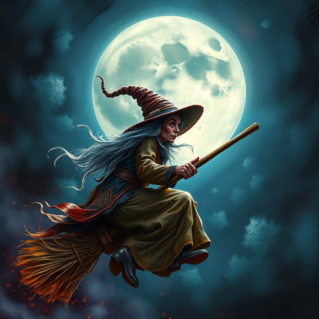 Eevie Witch Rides Broom on Full Moon Night