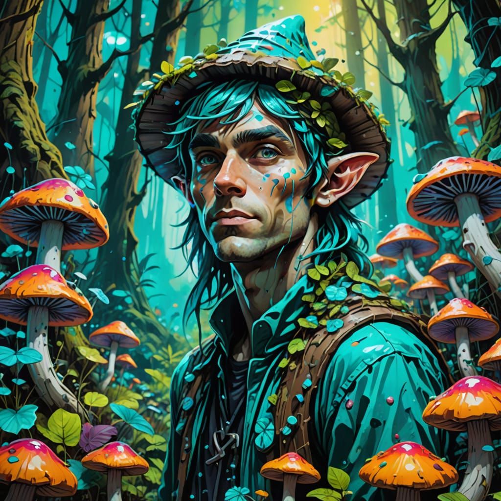 Psychedelic Forest Elf in Turquoise, Graffiti Art