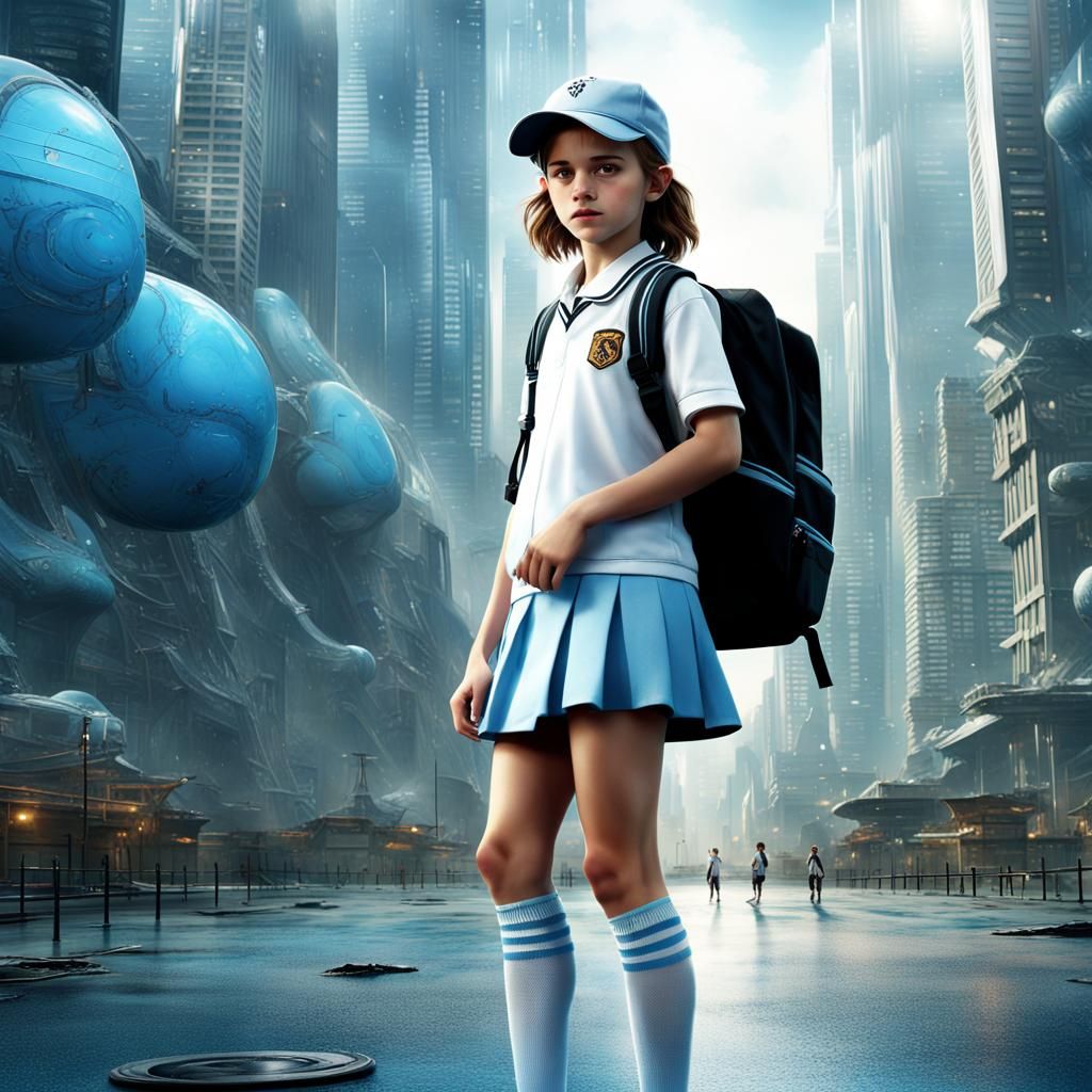Emma Watson as Schoolgirl in Futuristic City, 8K