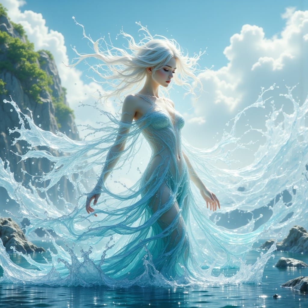 Aquatic Woman Emerges: 3D Anime Water Spirit