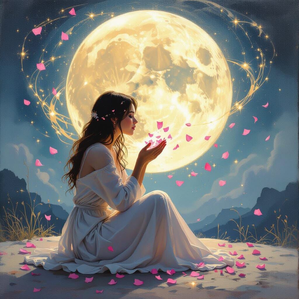 Woman Whispering Secrets Under Moonlit Sky, Neo-Impressionis...