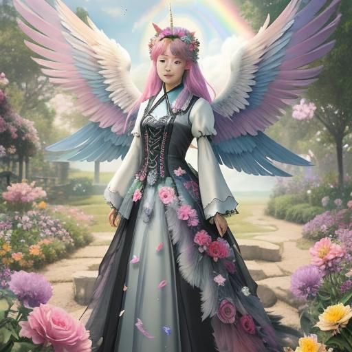 Korean Archangel Seraphim with Flowers and Unicorn
