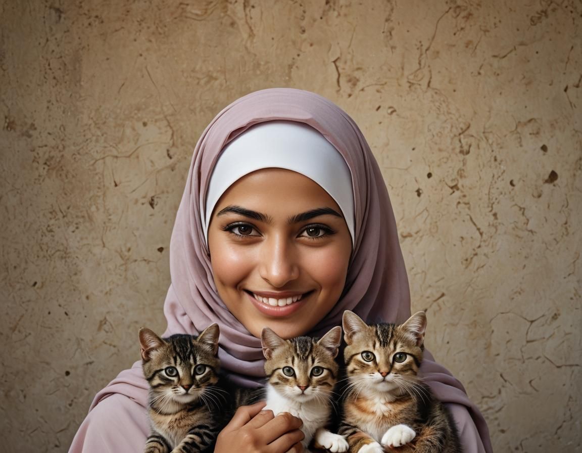 Girl in Hijab with Cats: Professional Color Portrait