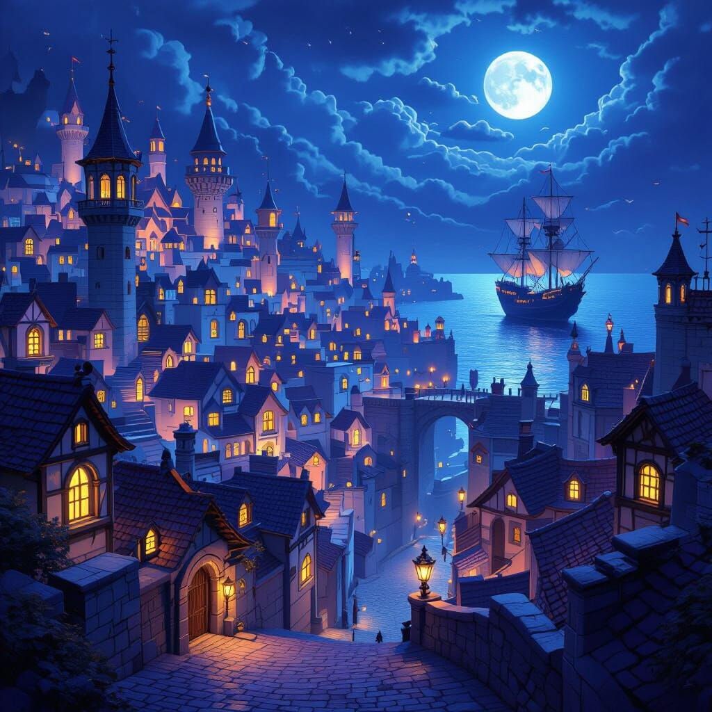 Fantasy City at Night Concept Art with Distant Ship