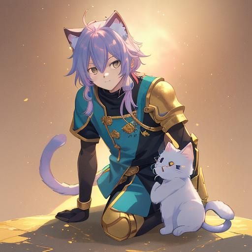 Anime Teen with Cat Features in Gold Armor