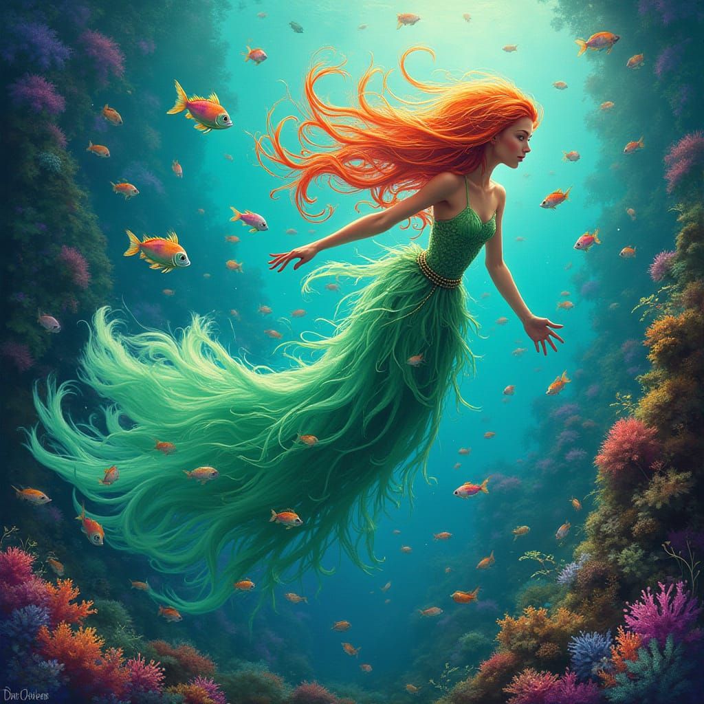 Vibrant Fairy Surrounded by Rainbow Fish