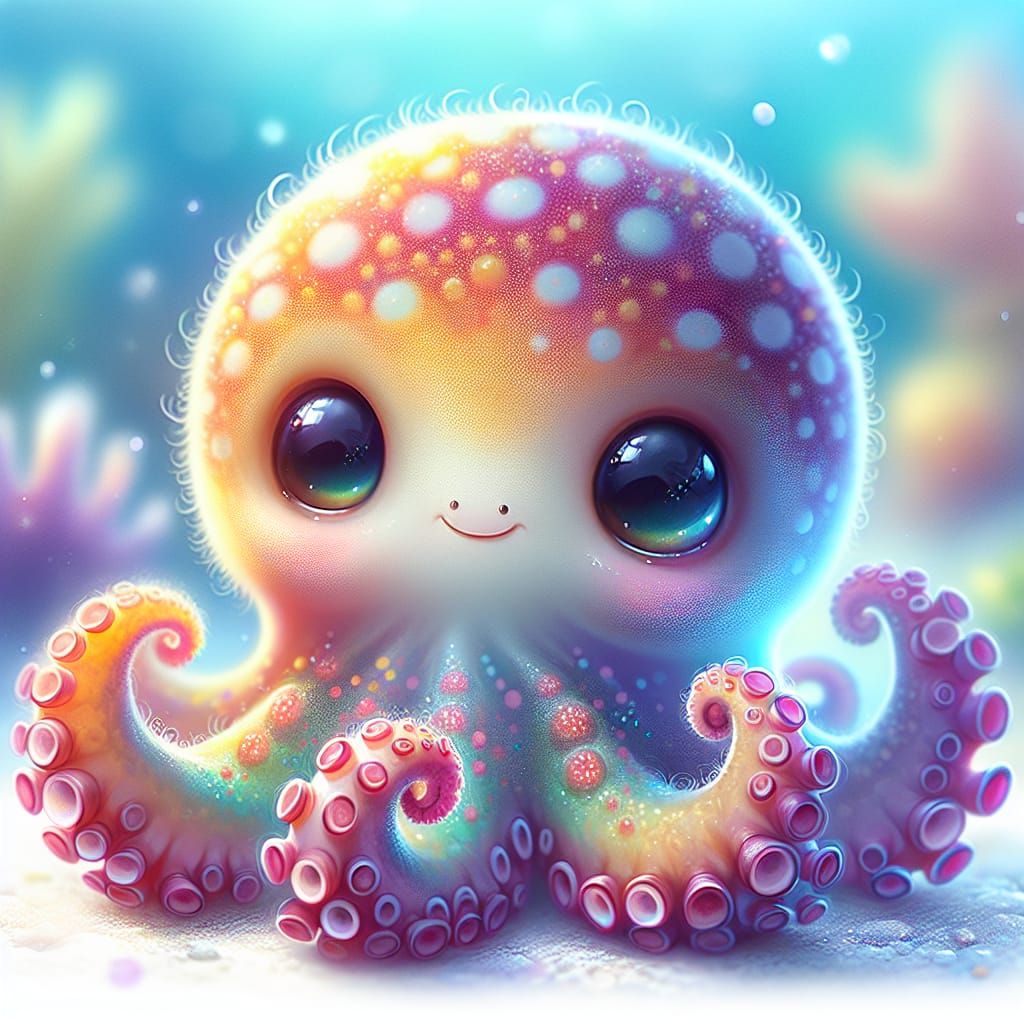Adorable Fluffy Baby Octopus in Coral Garden