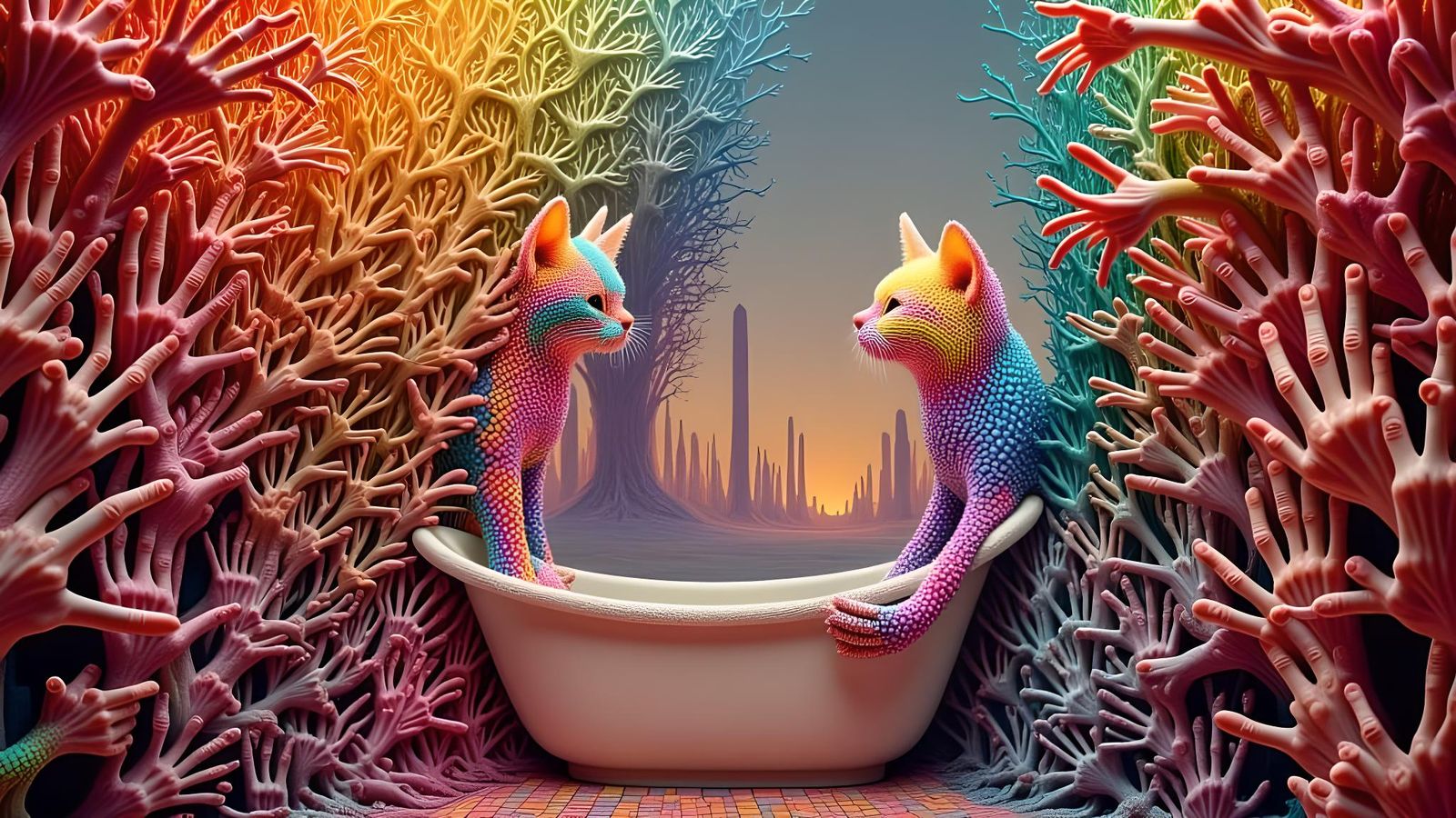 Checkered Finger Cat in Bathtub, Surreal Photomontage
