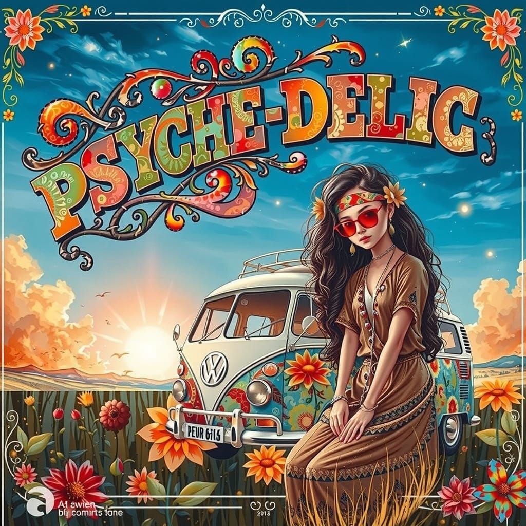 Psychedelic 70s Text Art with Hippie Girl and VW Van