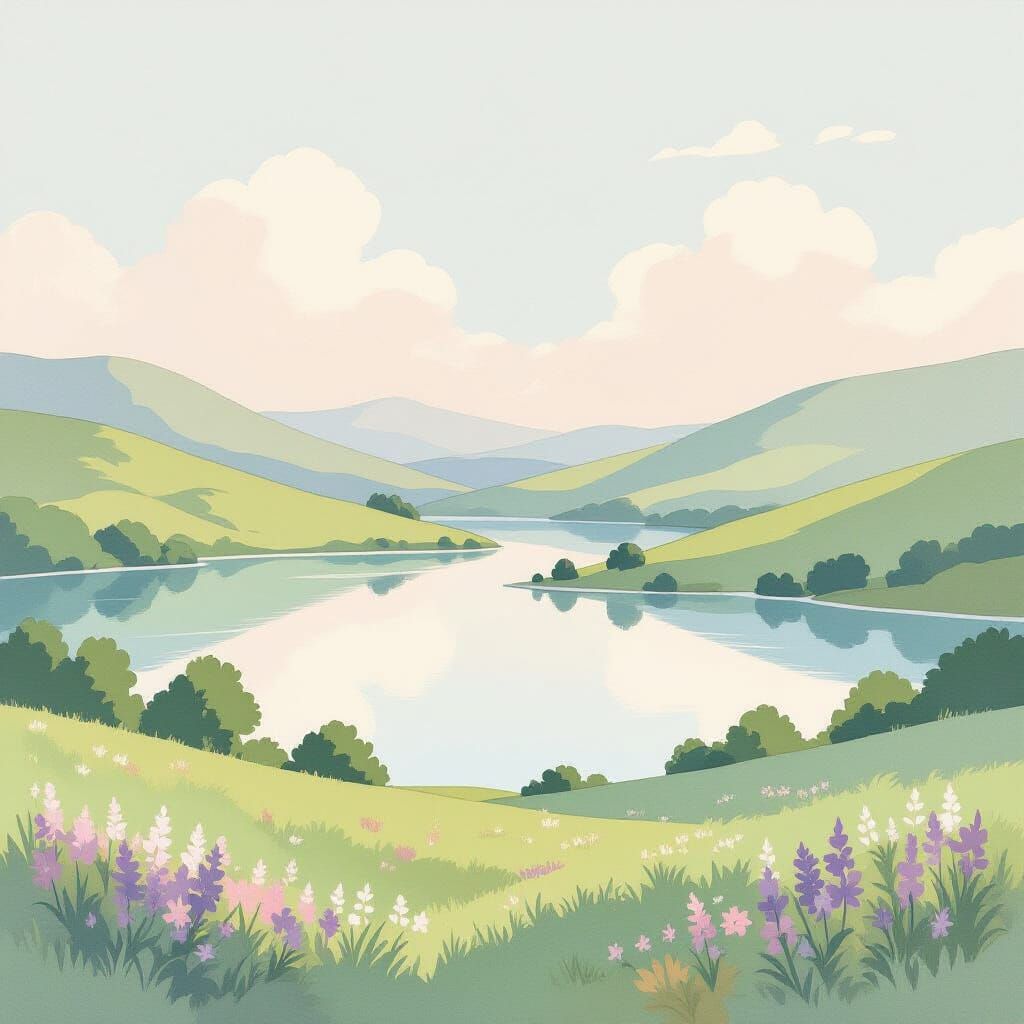 Pastel Landscape with Rolling Hills and Lake