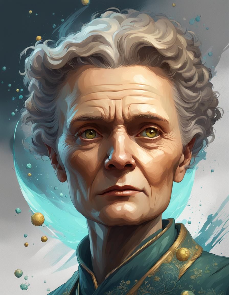 Marie Curie Portrait by Rutkowski, Artgerm and Mucha
