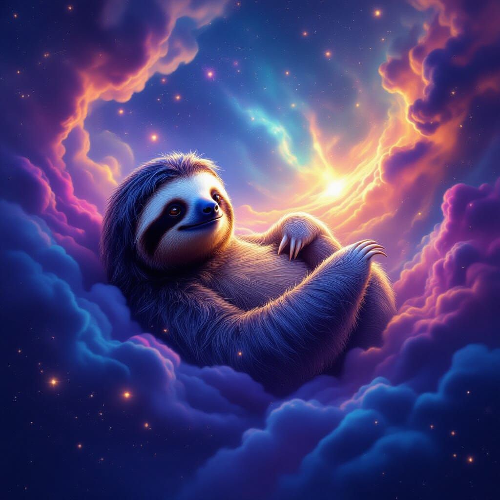 Bioluminescent Sloth in Cosmic Nebula, Fantasy Matte Paintin...