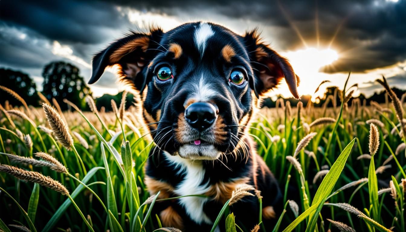 Hyperrealistic Puppy Playing with Children in Field