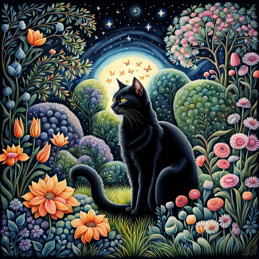 Mystical Black Cat in Bioluminescent Garden