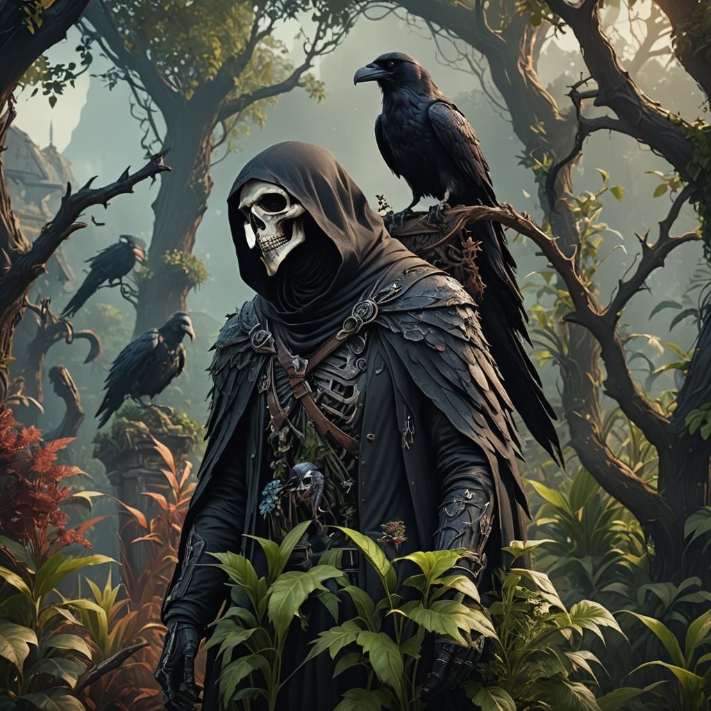 Grim Reaper with Raven in Decaying Garden