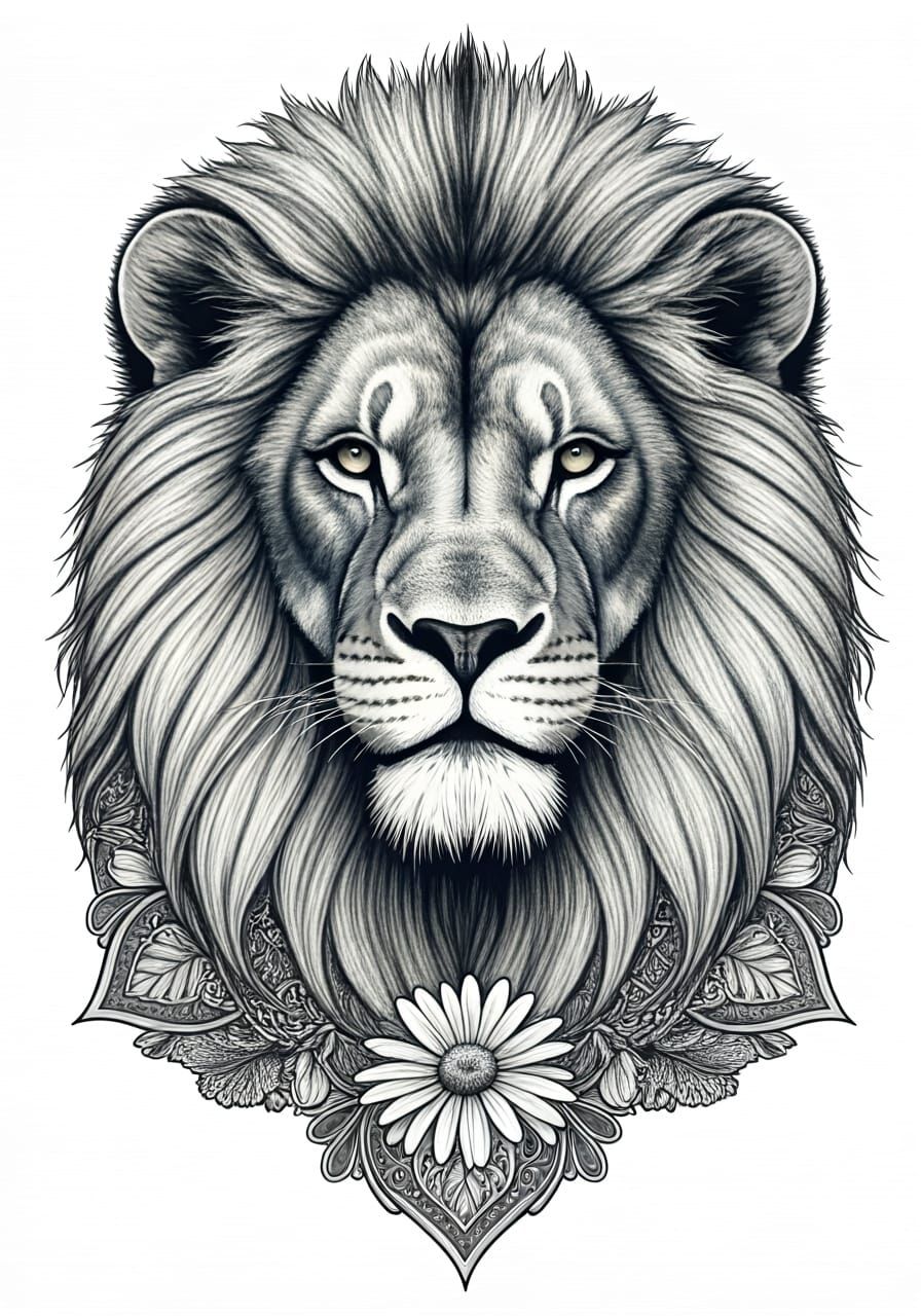 Lion and Floral Mandala in Pen and Ink
