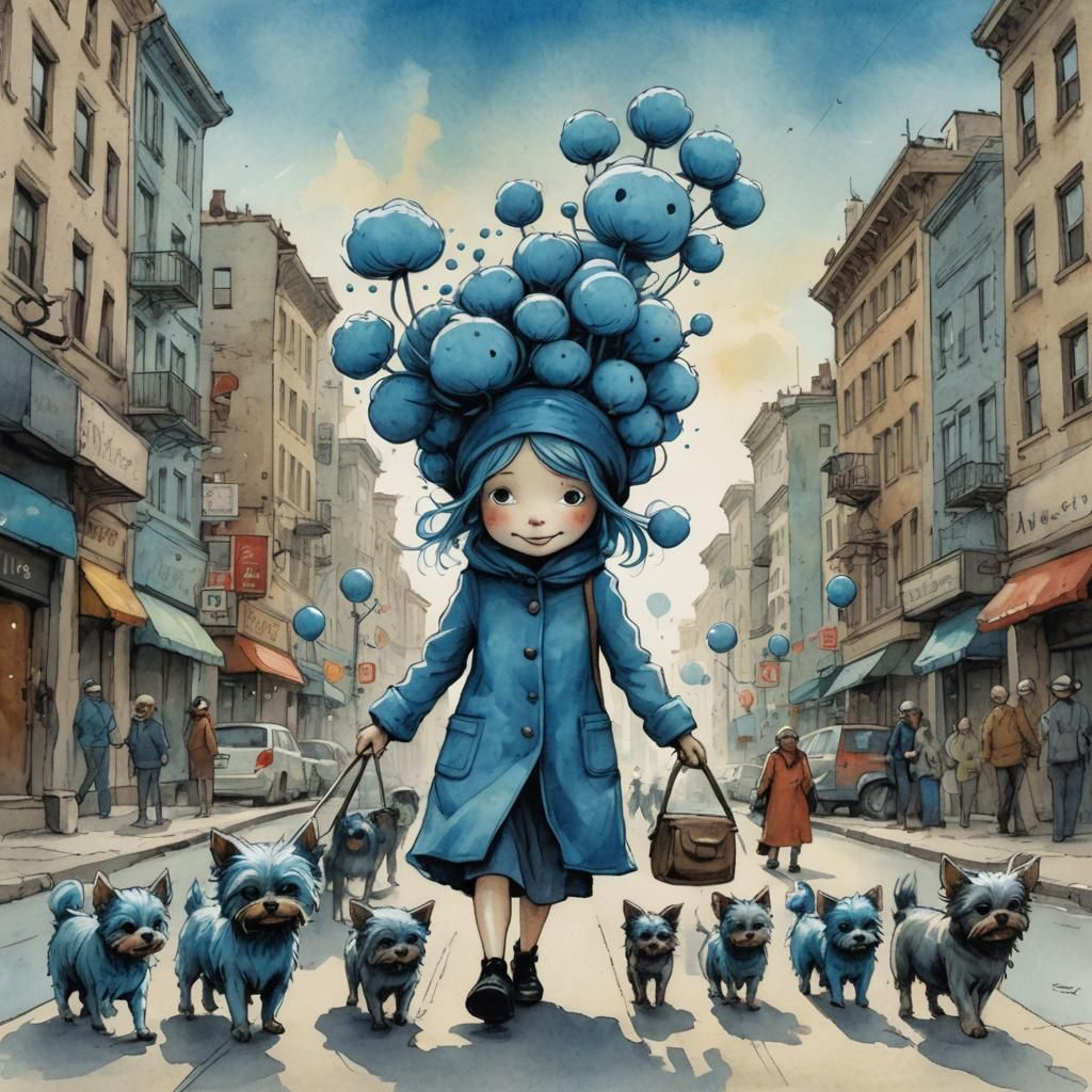 Blue Woman Walking Dogs: Ink and Watercolor Illustration