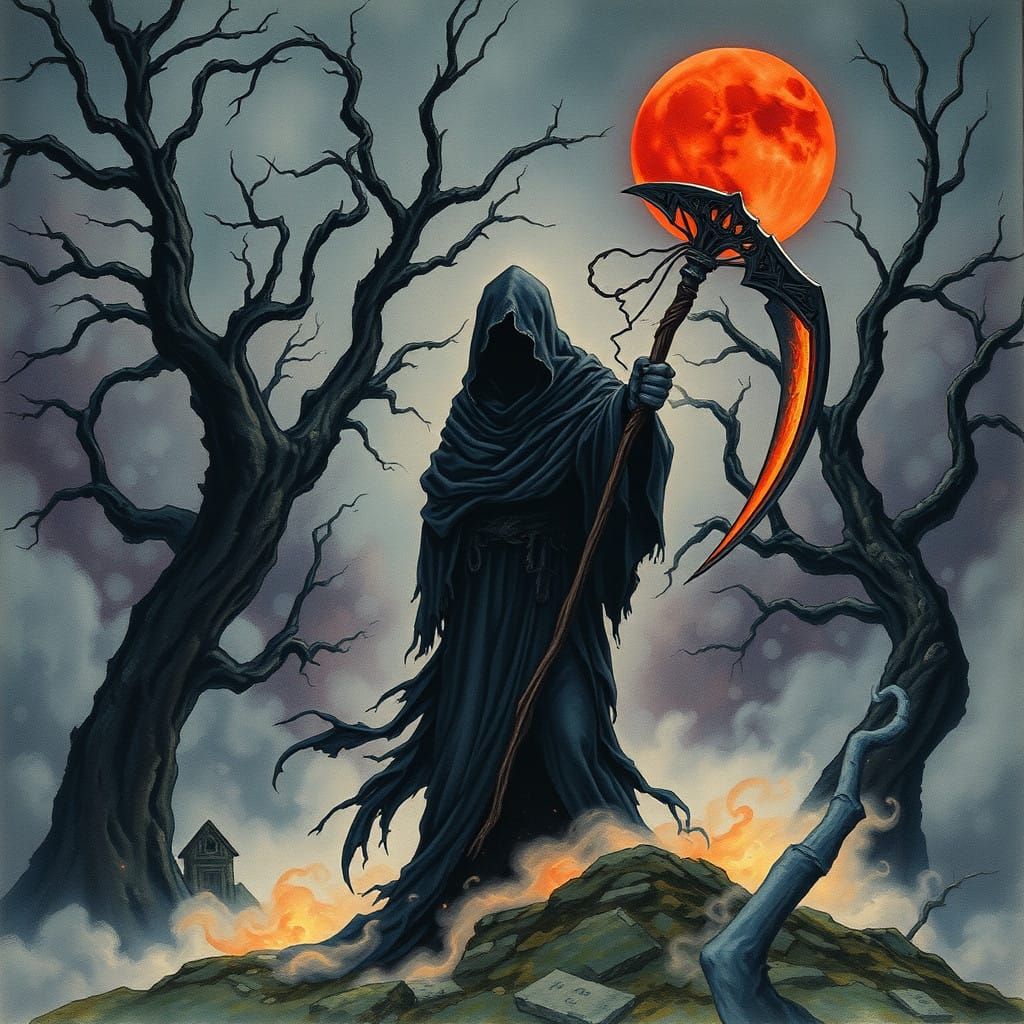 Dark Figure Wields Glowing Scythe Under Blood-Red Moon