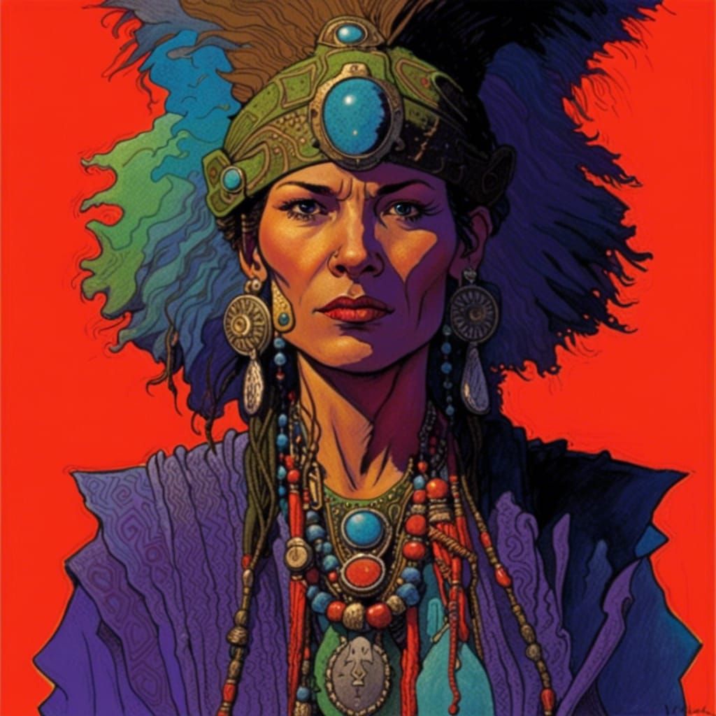 Punk Shaman Portrait in Moebius Comic Style