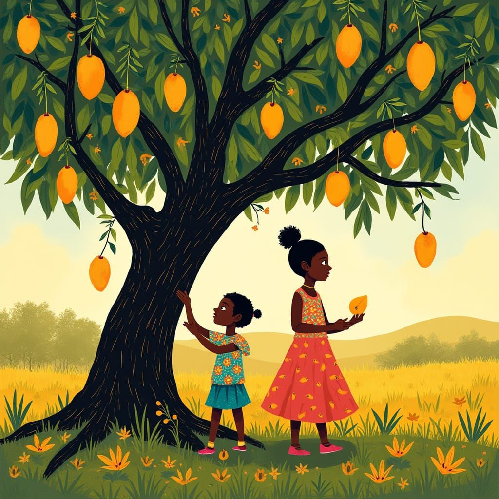 Children Stealing Mangoes in Whimsical Style