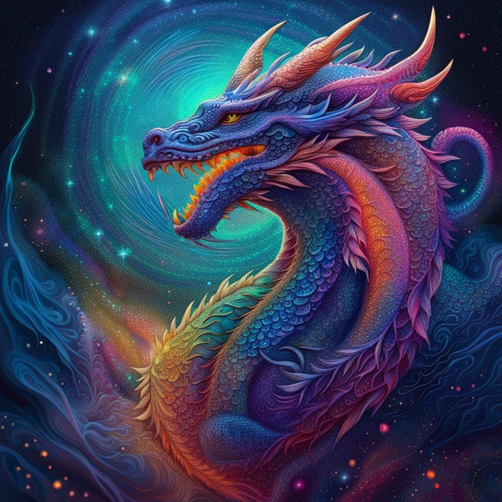 Holographic Astral Dragon in Mixed Media Style