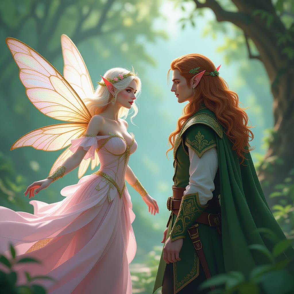 Faerie Escapes Mystic Forest with Elf, Digital Matte Paintin...