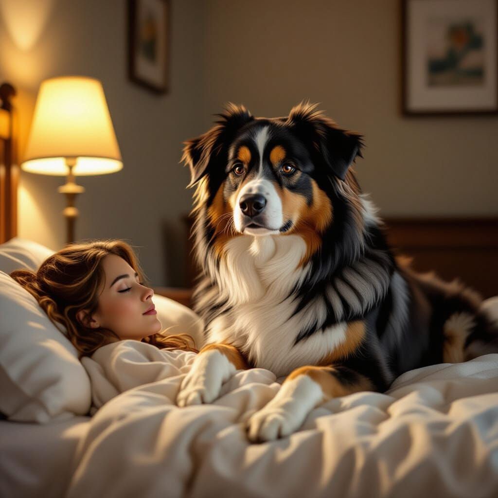 Comforting Dog Sits with Sick Woman in Warm Glow