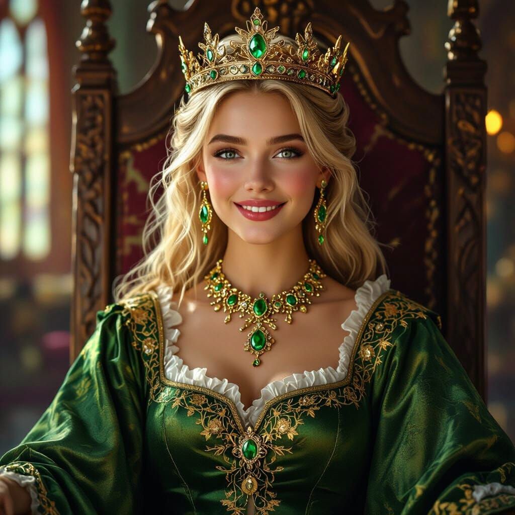Medieval Fantasy Queen in Emerald Gown and Crown