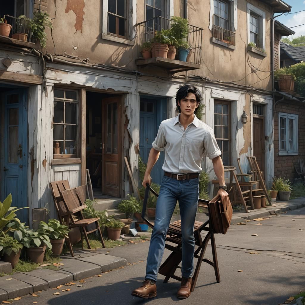 Young Man Carrying Chair: Detailed Digital Matte Painting