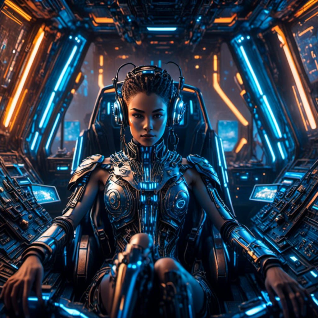 Cybernetic Pilot in Spaceship Cockpit, Digital Art
