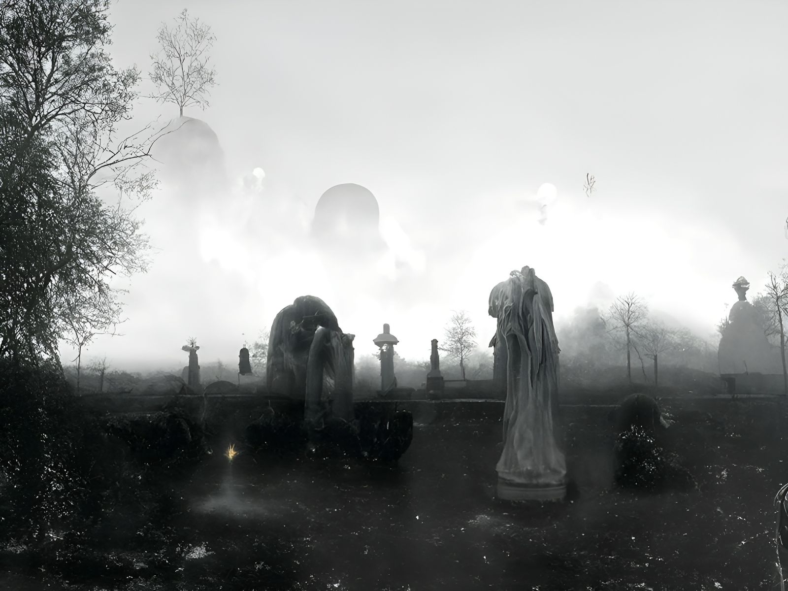 Ghosts in Misty Graveyard: Spectral Orbs and Soft Light