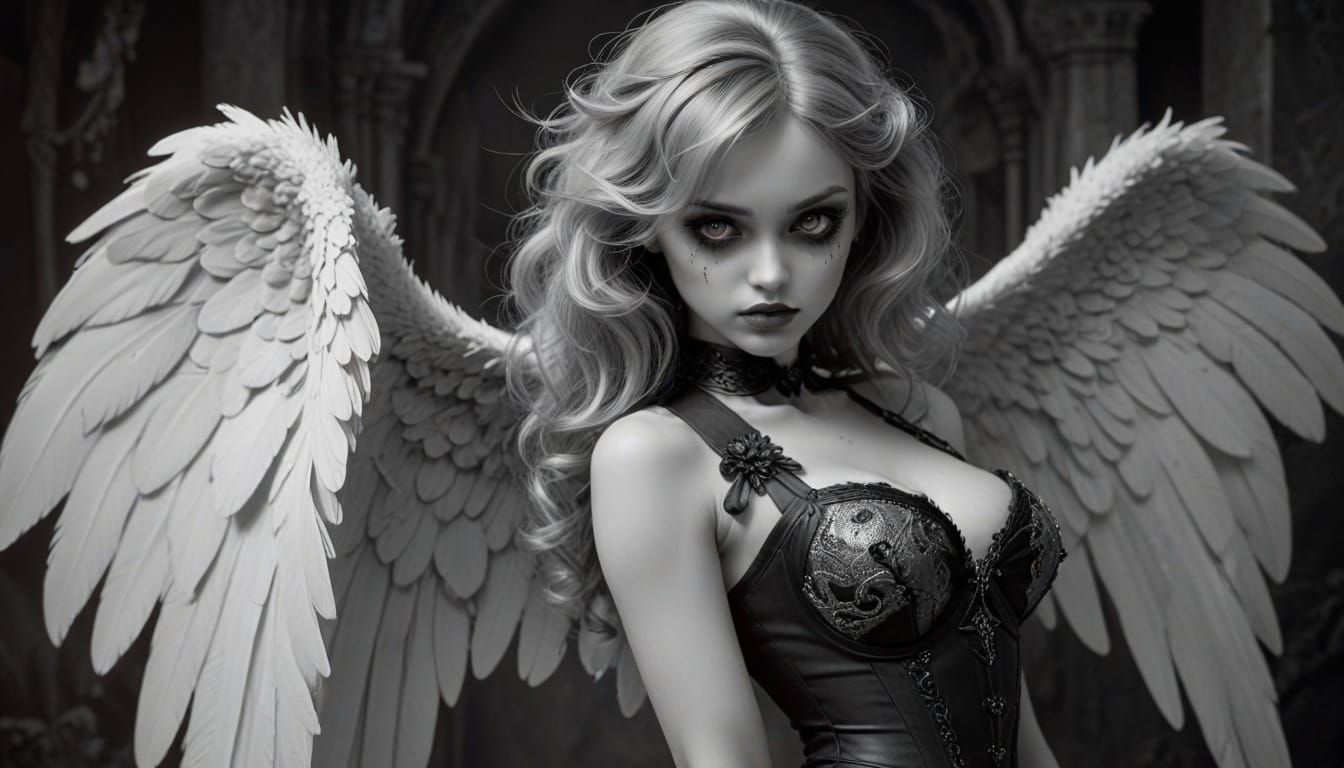 Macabre Fallen Angel in Grayscale