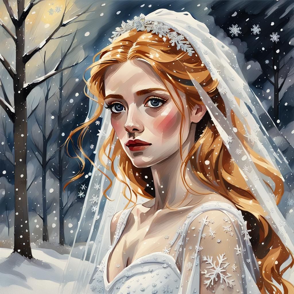 Impressionist Gouache Painting of Bride in Blizzard