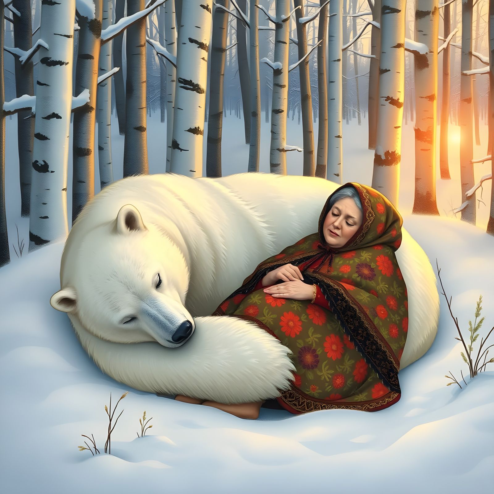 Sleeping Polar Bear Tenderly Holds a Slumbering Polish Grand...