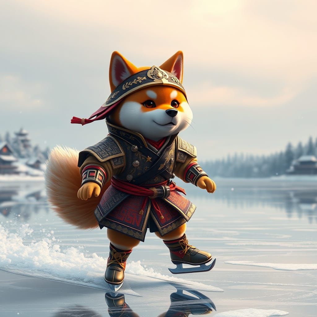 Shiba Inu Samurai Ice Skating in 3D Anime Style